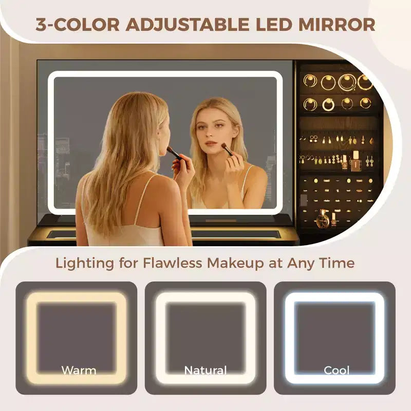 Coiffeuse avec miroir et lumières, meuble de maquillage LED 3 couleurs avec tiroirs de rangement, coiffeuse en verre pour chambre à coucher