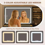Coiffeuse avec miroir et lumières, meuble de maquillage LED 3 couleurs avec tiroirs de rangement, coiffeuse en verre pour chambre à coucher