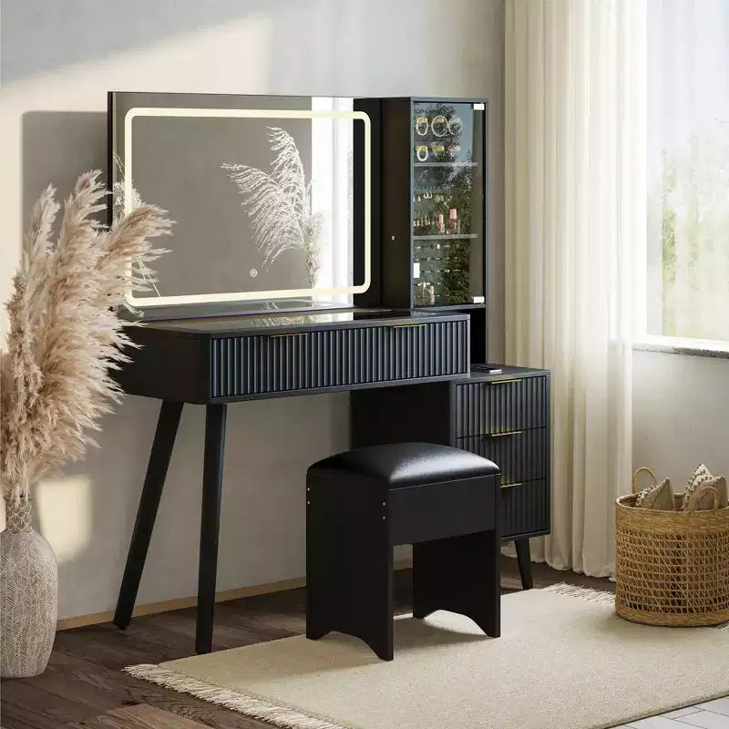 Coiffeuse avec miroir et lumières, meuble de maquillage LED 3 couleurs avec tiroirs de rangement, coiffeuse en verre pour chambre à coucher