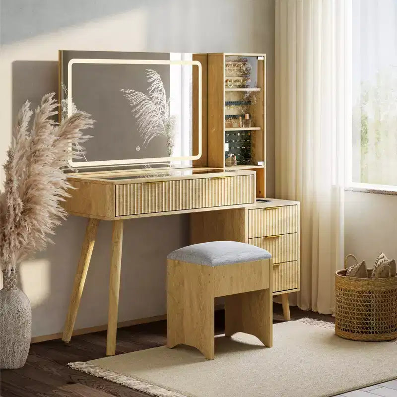 Coiffeuse avec miroir et lumières, meuble de maquillage LED 3 couleurs avec tiroirs de rangement, coiffeuse en verre pour chambre à coucher
