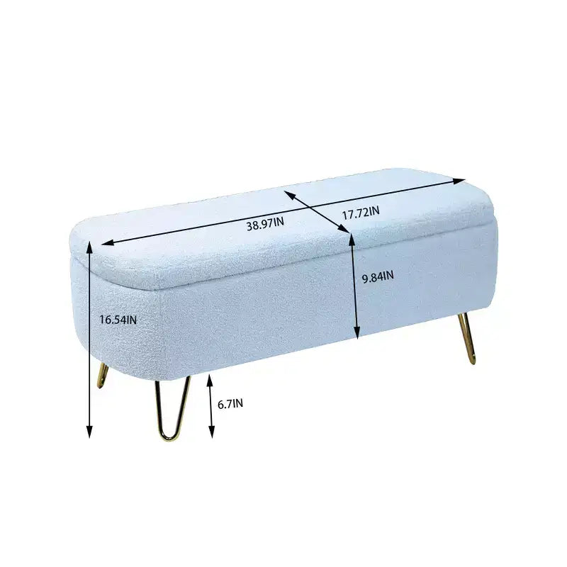 Banc de rangement ottoman moderne Okak avec pieds en métal doré, banc d'entrée en fausse fourrure avec siège rembourré, banc de bout de lit pour salon