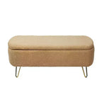 Banc de rangement ottoman moderne Okak avec pieds en métal doré, banc d'entrée en fausse fourrure avec siège rembourré, banc de bout de lit pour salon