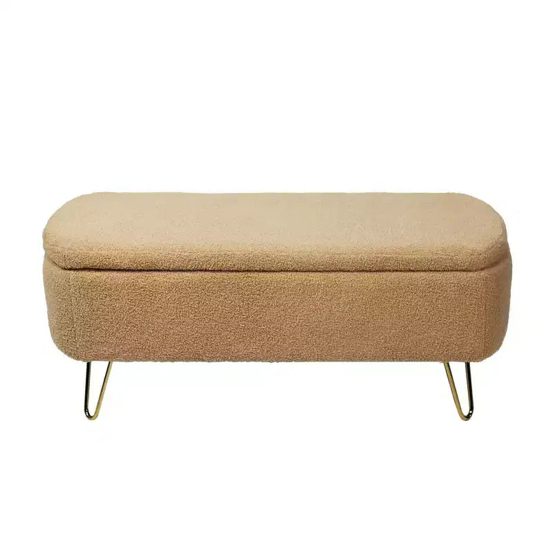 Banc de rangement ottoman moderne Okak avec pieds en métal doré, banc d'entrée en fausse fourrure avec siège rembourré, banc de bout de lit pour salon