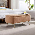 Banc de rangement ottoman moderne Okak avec pieds en métal doré, banc d'entrée en fausse fourrure avec siège rembourré, banc de bout de lit pour salon