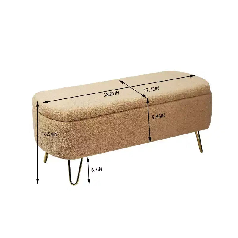 Banc de rangement ottoman moderne Okak avec pieds en métal doré, banc d'entrée en fausse fourrure avec siège rembourré, banc de bout de lit pour salon