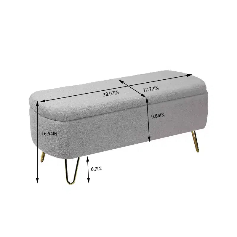Banc de rangement ottoman moderne Okak avec pieds en métal doré, banc d'entrée en fausse fourrure avec siège rembourré, banc de bout de lit pour salon