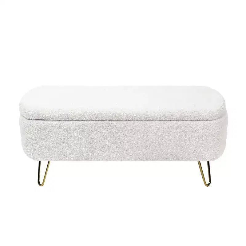 Banc de rangement ottoman moderne Okak avec pieds en métal doré, banc d'entrée en fausse fourrure avec siège rembourré, banc de bout de lit pour salon