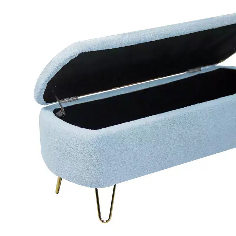 Banc de rangement ottoman moderne Okak avec pieds en métal doré, banc d'entrée en fausse fourrure avec siège rembourré, banc de bout de lit pour salon
