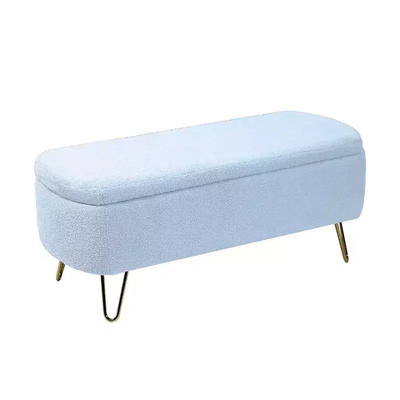 Banc de rangement ottoman moderne Okak avec pieds en métal doré, banc d'entrée en fausse fourrure avec siège rembourré, banc de bout de lit pour salon