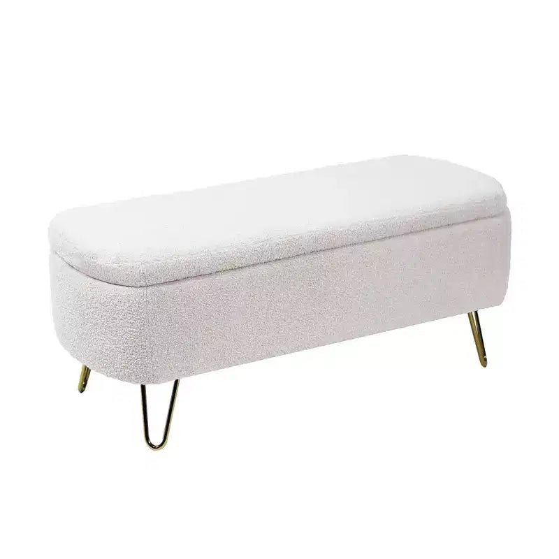 Banc de rangement ottoman moderne Okak avec pieds en métal doré, banc d'entrée en fausse fourrure avec siège rembourré, banc de bout de lit pour salon