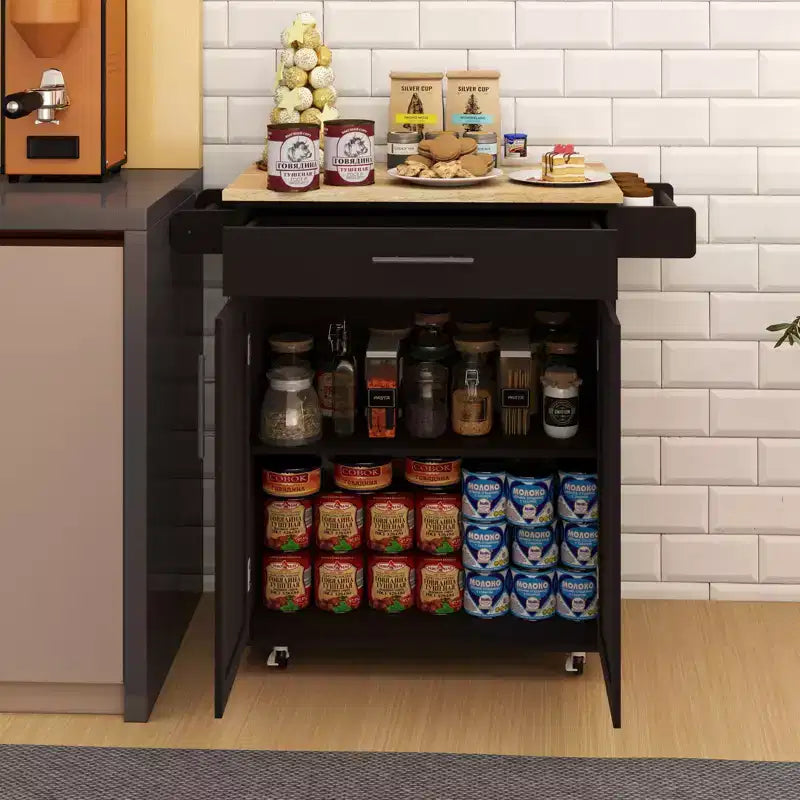 TUYOHW Îlot de cuisine avec plateau en bois d'hévéa, îlot de cuisine roulant avec tiroir, étagères réglables, porte-serviettes et porte-épices pour cuisine, salle à manger