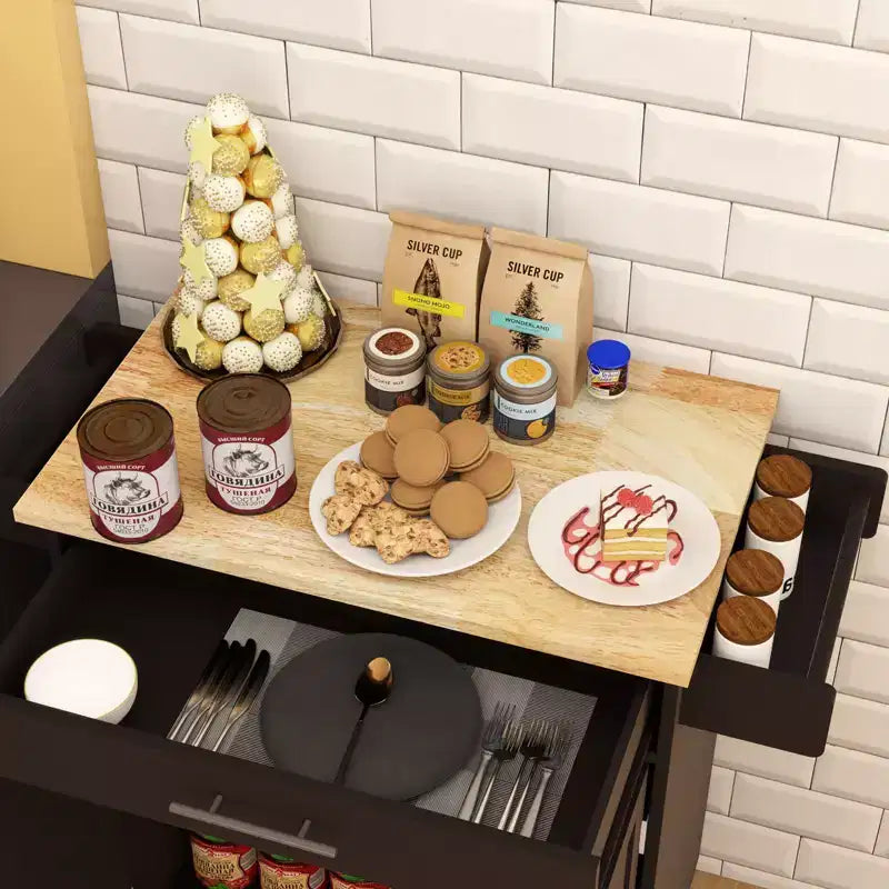 TUYOHW Îlot de cuisine avec plateau en bois d'hévéa, îlot de cuisine roulant avec tiroir, étagères réglables, porte-serviettes et porte-épices pour cuisine, salle à manger