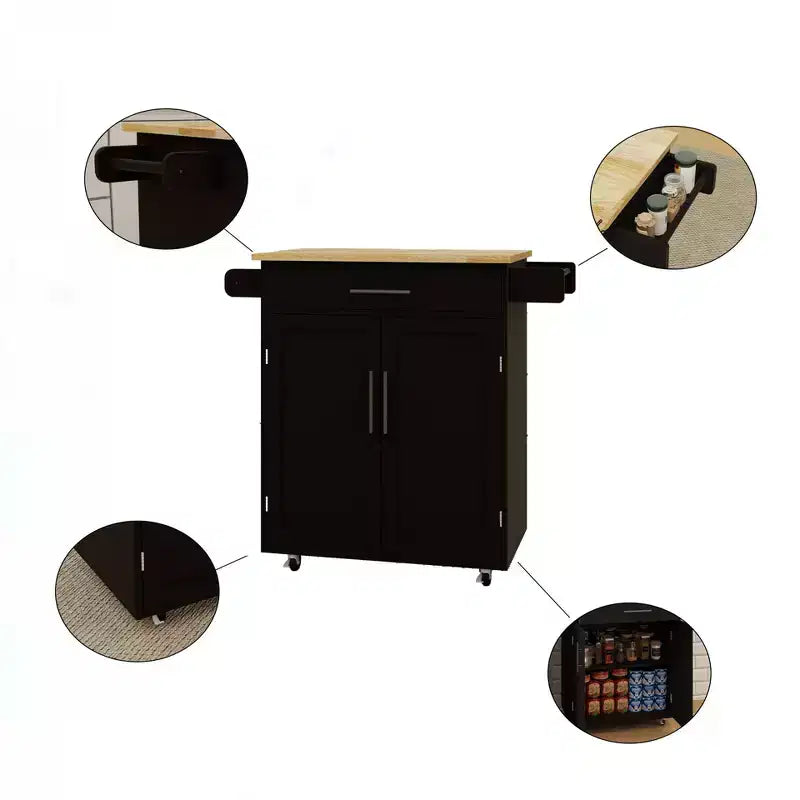 TUYOHW Îlot de cuisine avec plateau en bois d'hévéa, îlot de cuisine roulant avec tiroir, étagères réglables, porte-serviettes et porte-épices pour cuisine, salle à manger