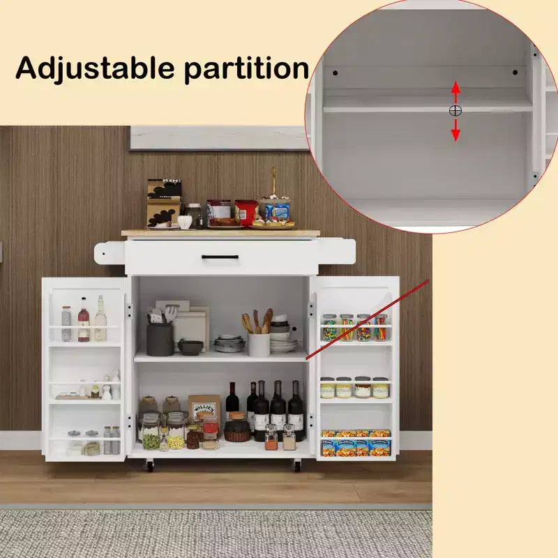 TUYOHW Îlot de cuisine avec plateau en bois d'hévéa, îlot de cuisine roulant avec tiroir, étagères réglables, porte-serviettes et porte-épices pour cuisine, salle à manger