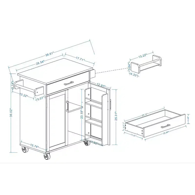 TUYOHW Îlot de cuisine avec plateau en bois d'hévéa, îlot de cuisine roulant avec tiroir, étagères réglables, porte-serviettes et porte-épices pour cuisine, salle à manger
