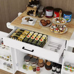 TUYOHW Îlot de cuisine avec plateau en bois d'hévéa, îlot de cuisine roulant avec tiroir, étagères réglables, porte-serviettes et porte-épices pour cuisine, salle à manger
