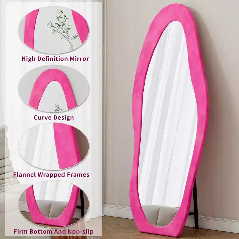 Miroir décoratif en flanelle pleine longueur TUYOHW pour chambre à coucher, dressing, miroir mural pleine longueur sur pied original avec cadre en bois, Rose