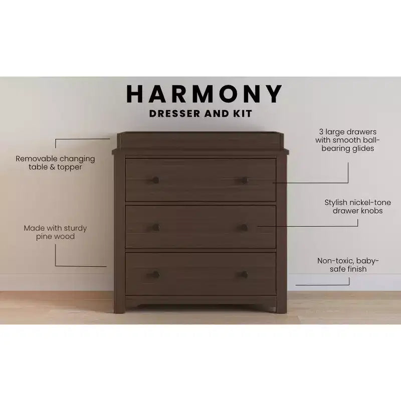 Commode 3 tiroirs Child Craft Harmony avec plateau à langer amovible, grand espace de rangement, kit anti-basculement inclus pour éviter le basculement, finition sécuritaire pour bébé