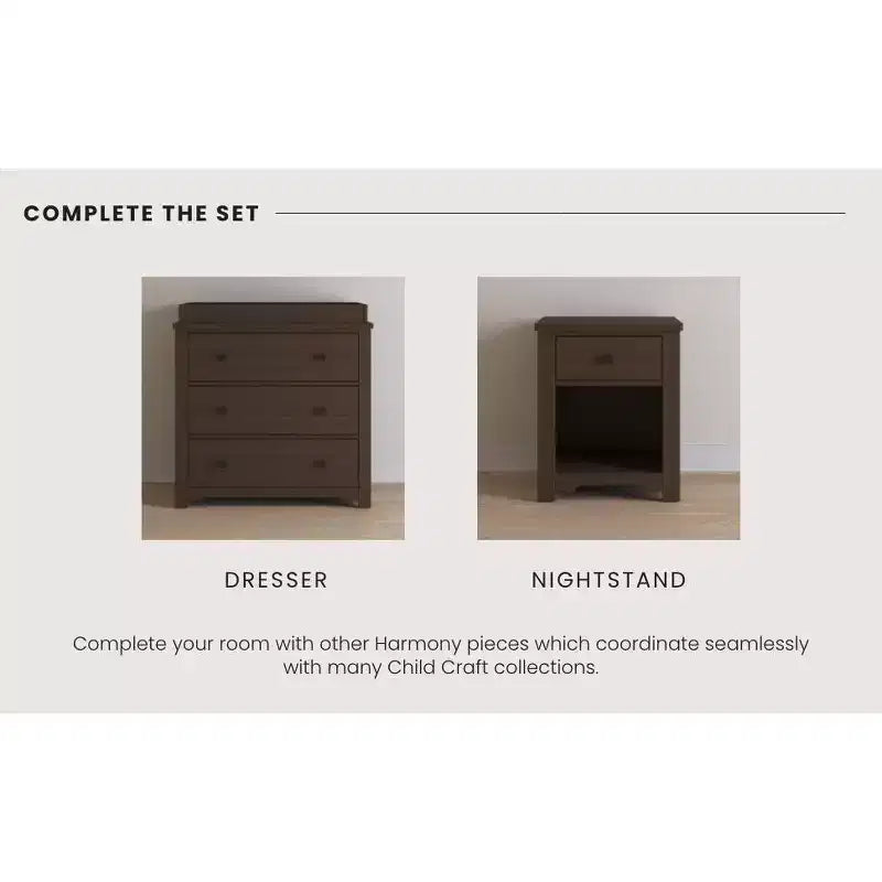 Commode 3 tiroirs Child Craft Harmony avec plateau à langer amovible, grand espace de rangement, kit anti-basculement inclus pour éviter le basculement, finition sécuritaire pour bébé