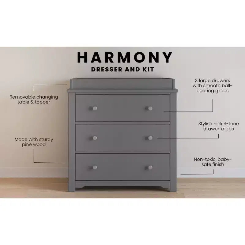 Commode 3 tiroirs Child Craft Harmony avec plateau à langer amovible, grand espace de rangement, kit anti-basculement inclus pour éviter le basculement, finition sécuritaire pour bébé