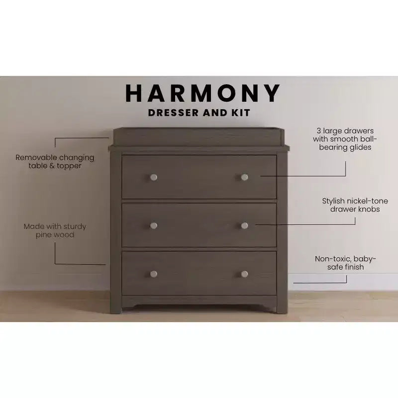 Commode 3 tiroirs Child Craft Harmony avec plateau à langer amovible, grand espace de rangement, kit anti-basculement inclus pour éviter le basculement, finition sécuritaire pour bébé
