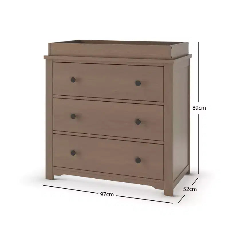 Commode 3 tiroirs Child Craft Harmony avec plateau à langer amovible, grand espace de rangement, kit anti-basculement inclus pour éviter le basculement, finition sécuritaire pour bébé