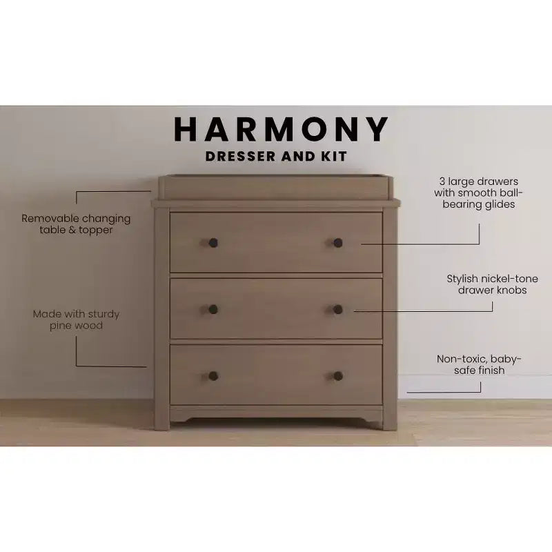 Commode 3 tiroirs Child Craft Harmony avec plateau à langer amovible, grand espace de rangement, kit anti-basculement inclus pour éviter le basculement, finition sécuritaire pour bébé