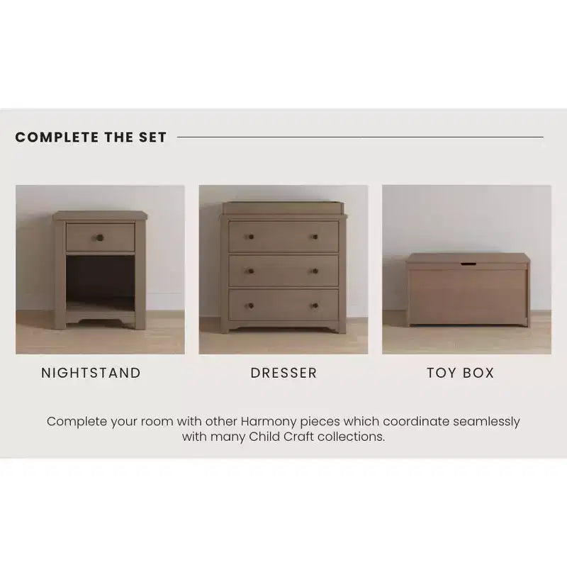 Commode 3 tiroirs Child Craft Harmony avec plateau à langer amovible, grand espace de rangement, kit anti-basculement inclus pour éviter le basculement, finition sécuritaire pour bébé