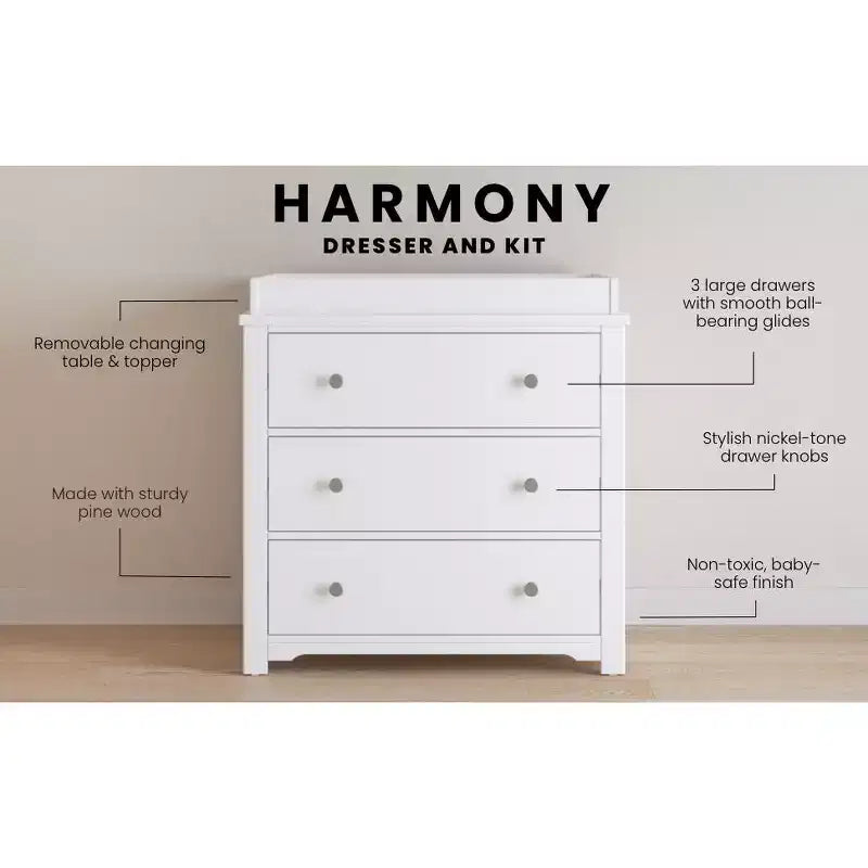 Commode 3 tiroirs Child Craft Harmony avec plateau à langer amovible, grand espace de rangement, kit anti-basculement inclus pour éviter le basculement, finition sécuritaire pour bébé