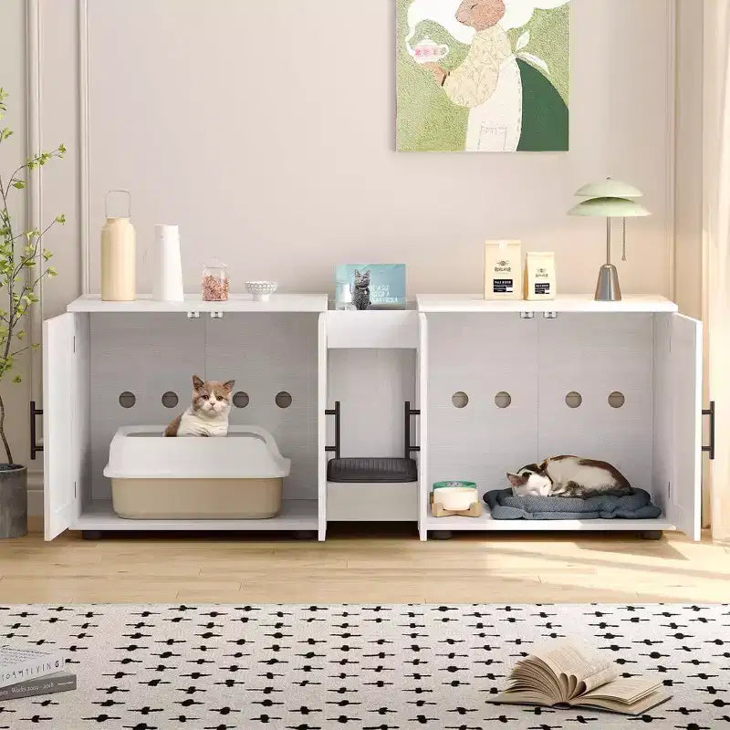 Meuble litière double pour 2 chats, support TV, surface imperméable facile à nettoyer, boucles d'armoire et rainures de rangement, convient pour le salon