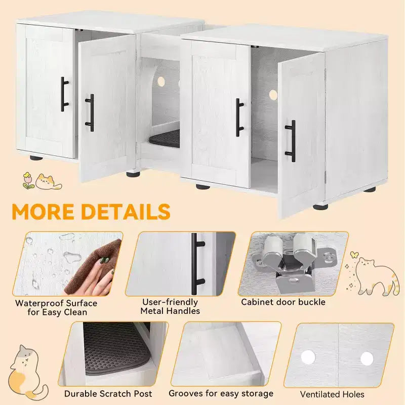 Meuble litière double pour 2 chats, support TV, surface imperméable facile à nettoyer, boucles d'armoire et rainures de rangement, convient pour le salon