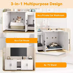 Meuble litière double pour 2 chats, support TV, surface imperméable facile à nettoyer, boucles d'armoire et rainures de rangement, convient pour le salon