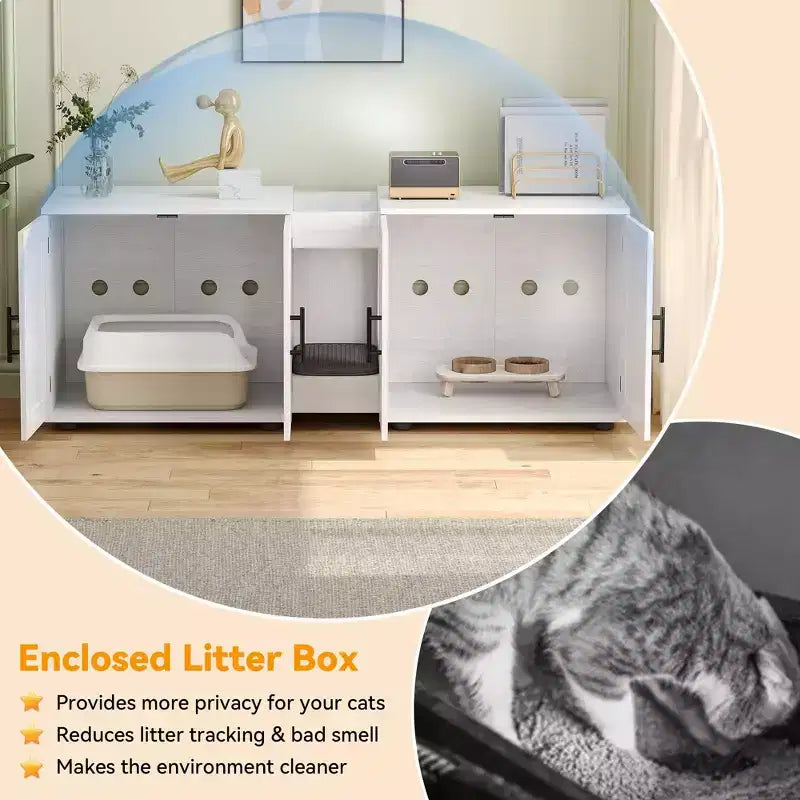 Meuble litière double pour 2 chats, support TV, surface imperméable facile à nettoyer, boucles d'armoire et rainures de rangement, convient pour le salon
