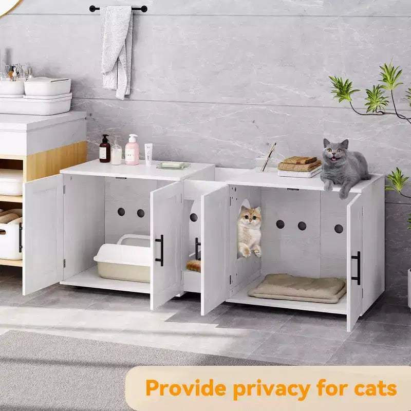 Meuble litière double pour 2 chats, support TV, surface imperméable facile à nettoyer, boucles d'armoire et rainures de rangement, convient pour le salon