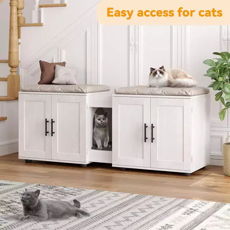 Meuble litière double pour 2 chats, support TV, surface imperméable facile à nettoyer, boucles d'armoire et rainures de rangement, convient pour le salon