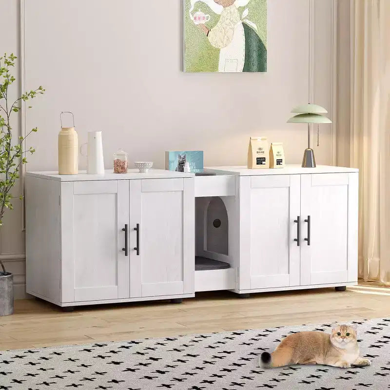 Meuble litière double pour 2 chats, support TV, surface imperméable facile à nettoyer, boucles d'armoire et rainures de rangement, convient pour le salon