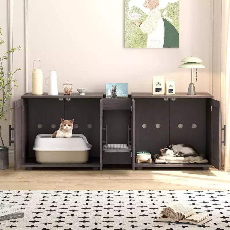 Meuble litière double pour 2 chats, support TV, surface imperméable facile à nettoyer, boucles d'armoire et rainures de rangement, convient pour le salon