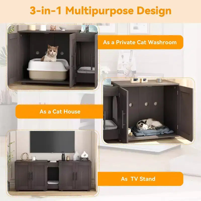 Meuble litière double pour 2 chats, support TV, surface imperméable facile à nettoyer, boucles d'armoire et rainures de rangement, convient pour le salon