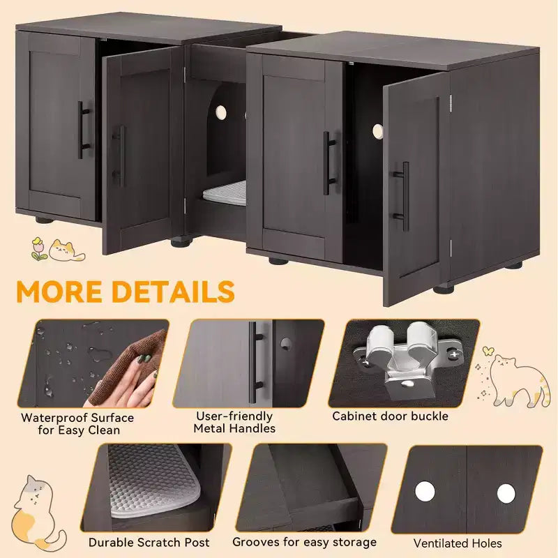 Meuble litière double pour 2 chats, support TV, surface imperméable facile à nettoyer, boucles d'armoire et rainures de rangement, convient pour le salon