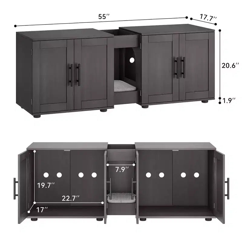 Meuble litière double pour 2 chats, support TV, surface imperméable facile à nettoyer, boucles d'armoire et rainures de rangement, convient pour le salon