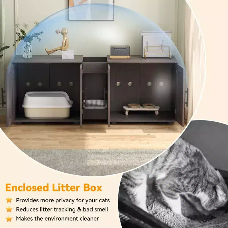 Meuble litière double pour 2 chats, support TV, surface imperméable facile à nettoyer, boucles d'armoire et rainures de rangement, convient pour le salon
