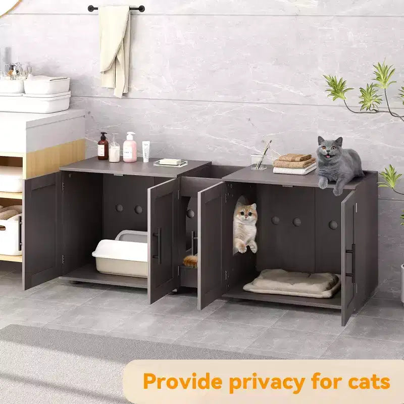 Meuble litière double pour 2 chats, support TV, surface imperméable facile à nettoyer, boucles d'armoire et rainures de rangement, convient pour le salon