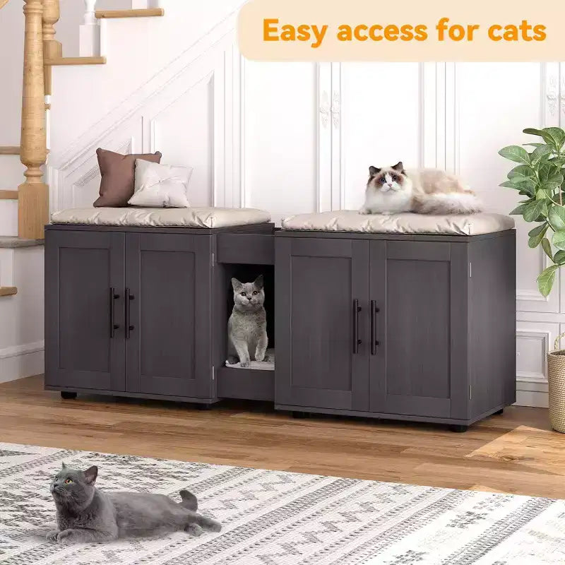 Meuble litière double pour 2 chats, support TV, surface imperméable facile à nettoyer, boucles d'armoire et rainures de rangement, convient pour le salon