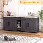 Meuble litière double pour 2 chats, support TV, surface imperméable facile à nettoyer, boucles d'armoire et rainures de rangement, convient pour le salon