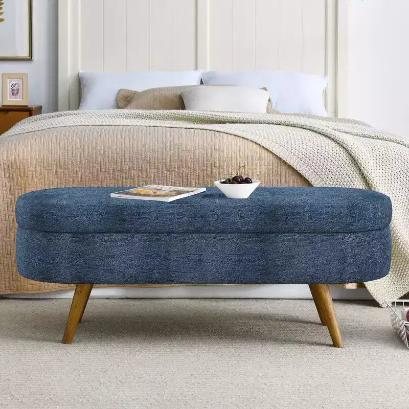 Banc de rangement capitonné ovale avec pieds en bois d'hévéa, ottoman d'entrée moderne pour salon, couloir, chambre à coucher