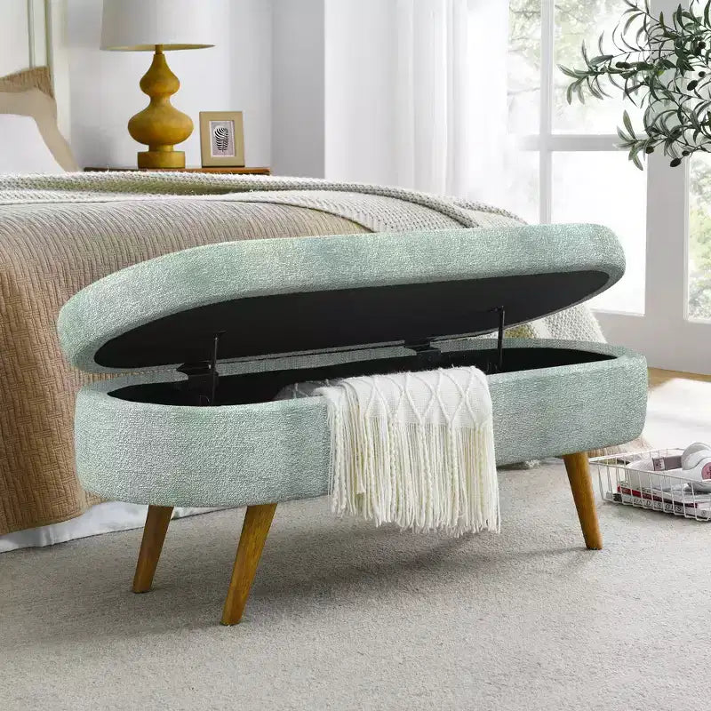 Banc de rangement capitonné ovale avec pieds en bois d'hévéa, ottoman d'entrée moderne pour salon, couloir, chambre à coucher