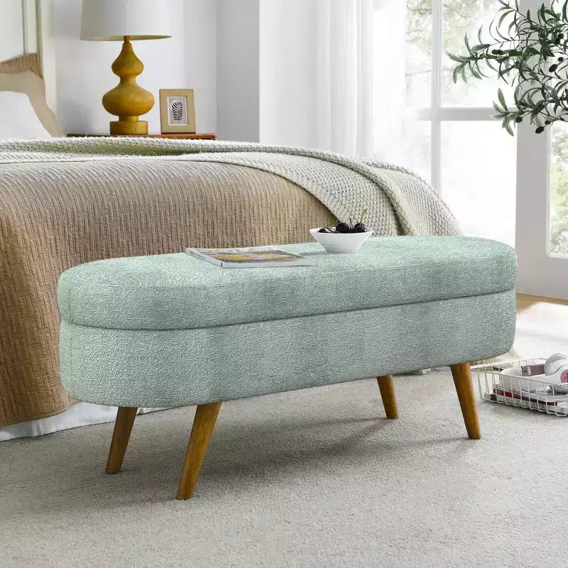 Banc de rangement capitonné ovale avec pieds en bois d'hévéa, ottoman d'entrée moderne pour salon, couloir, chambre à coucher