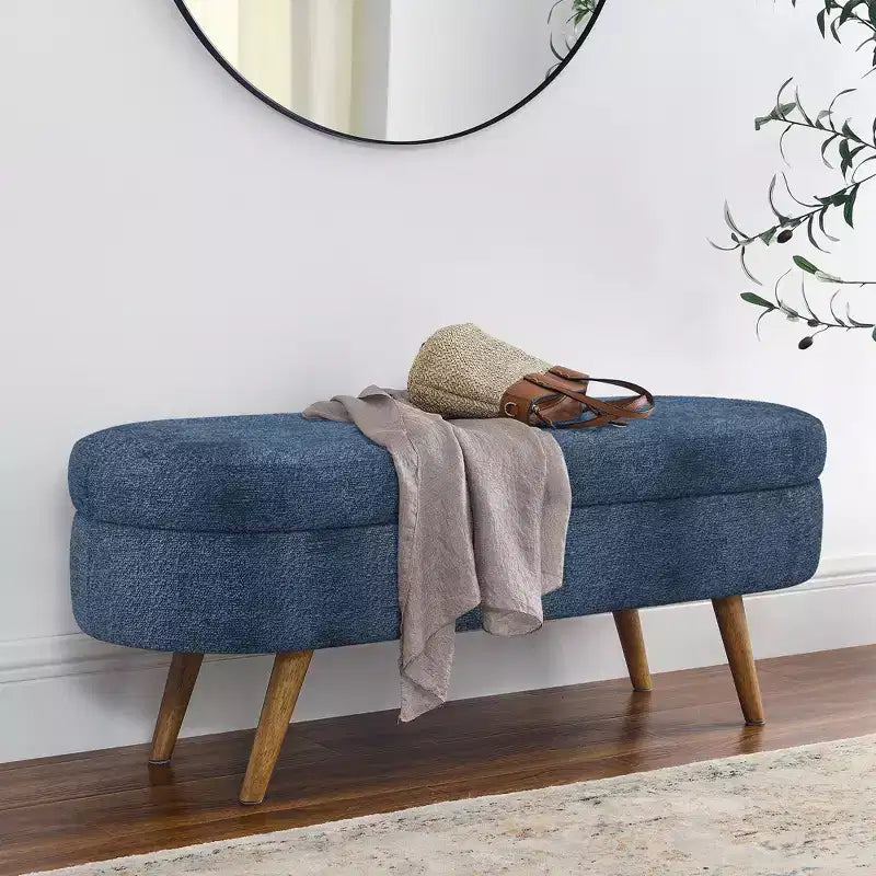 Banc de rangement capitonné ovale avec pieds en bois d'hévéa, ottoman d'entrée moderne pour salon, couloir, chambre à coucher