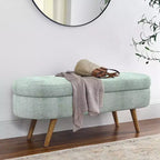 Oval Upholstered Storage Bench with Rubber Wood Legs, Modern Entryway Ottoman for Living Room Hallway Bedroom