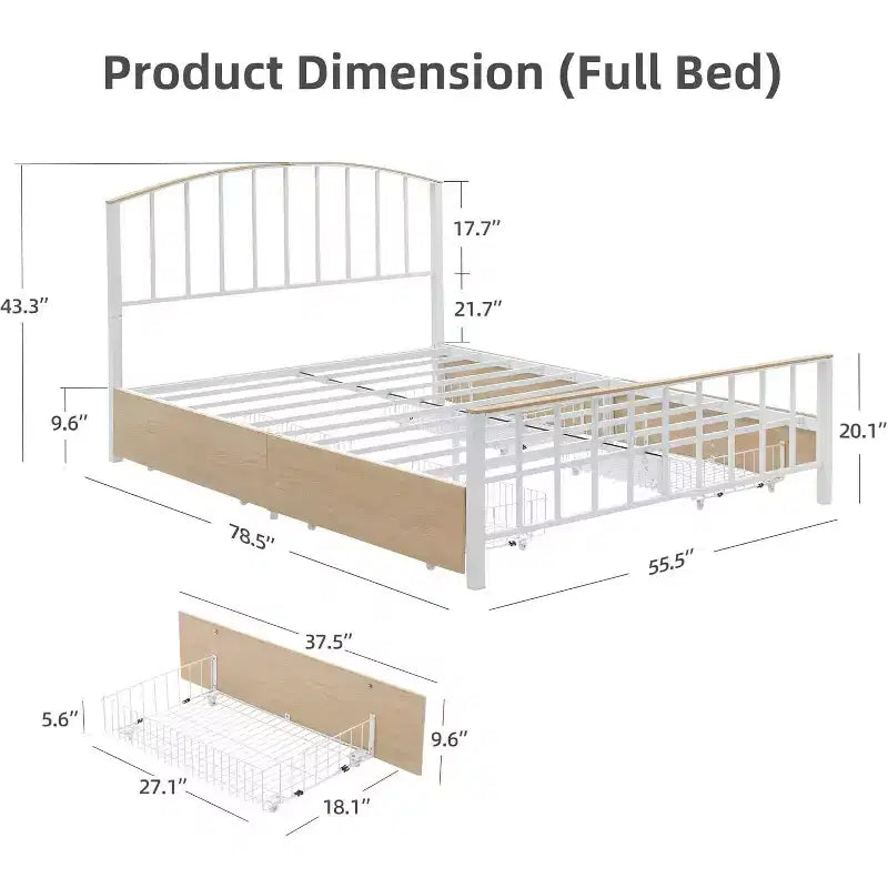 Cadre de lit en métal avec tête de lit, cadre de lit avec 4 tiroirs de rangement, lit queen size robuste avec rangement sous le lit/sommier tapissier non requis